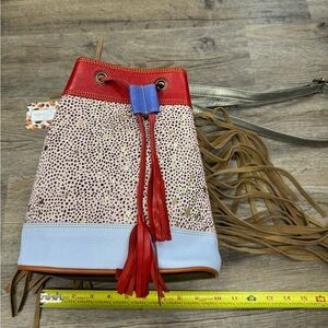 Folklore Red and Green Bucket Bag with Fringe NWT